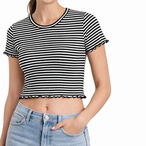 Poof! Black & White Striped Rib Knit Crop Top Juniors M